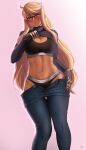  1girl alma_armas black_bra black_panties blonde_hair blue_pants bra breasts clothes_lift clothes_pull dark-skinned_female dark_skin denim finalcake highres jeans large_breasts lifted_by_self long_hair mechanical_hands navel over-rim_eyewear panties pants pants_pull prosthesis prosthetic_hand purple_sweater semi-rimless_eyewear solo sweater sweater_lift turtleneck turtleneck_sweater underwear va-11_hall-a very_long_hair yellow_eyes 