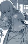  2girls absurdres backlighting blunt_bangs breasts cup drinking_glass elf fern_(sousou_no_frieren) frieren hews highres large_breasts long_hair long_sleeves looking_at_viewer monochrome multiple_girls pointy_ears sidelocks sketch solo_focus sousou_no_frieren 