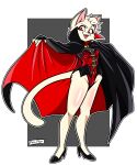  anthro breasts cape clothed clothing costume digit_ring digital_media_(artwork) domestic_cat fangs felid feline felis female footwear geometric_background hair halloween hi_res high_heels holidays jewelry looking_at_viewer mammal open_mouth red_eyes ring shoes simple_background smile solo tail teeth vampire_costume white_body ziggy_fox 