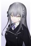  1girl absurdres alternate_costume black_jacket blunt_bangs border bow braid buttons closed_mouth collared_shirt commentary double-breasted girls&#039;_frontline gradient_background green_eyes grey_bow grey_hair hair_bow highres hk416_(girls&#039;_frontline) jacket long_hair long_sleeves looking_at_viewer neck_ribbon nero_(nero_nyam) purple_background purple_ribbon ribbon shirt simple_background solo upper_body white_border white_shirt 