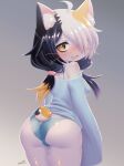  2023 ahoge anthro blush bra_strap breasts butt camel_toe clothed clothing cute_fangs digital_media_(artwork) domestic_cat embarrassed felid feline felis female female_anthro fur hair hair_over_eye hi_res kemono looking_at_viewer looking_back looking_back_at_viewer mammal multicolored_body multicolored_fur multicolored_hair off_shoulder one_eye_obstructed open_mouth panties pantsless racal_ra side_boob solo tongue underwear whiskers 