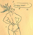  anthro antlers beastars butt clothing deer hands_on_hips horn looking_back louis_(beastars) male mammal mostly_nude musical_note shirtless solo speech_bubble text underwear wuffinarts 