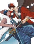 2boys aomine_daiki blue_hair blue_robe highres holding holding_sword holding_weapon horns kagami_taiga kuroko_no_basuke looking_at_another male_focus mirin_(coene65) multiple_boys parted_lips red_hair red_robe robe simple_background single_horn sword teeth weapon white_background 