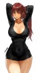  1girl arms_up black_shirt breasts brown_hair cleavage collarbone hands_in_hair highres long_hair long_sleeves orange_eyes original parted_lips pyojunbe shirt smile solo standing thick_thighs thighs very_long_hair white_background 