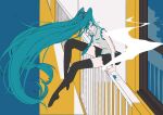 1girl aqua_hair aqua_necktie arm_support balcony bare_shoulders between_fingers black_skirt black_thighhighs blue_background cigarette cigarette_pack closed_eyes closed_mouth collared_shirt commentary_request eiku facing_down flat_color floating_hair from_side full_body glass_door grey_shirt hair_ornament hatsune_miku highres holding holding_cigarette knee_up ledge long_hair necktie no_detached_sleeves no_shoes outdoors outstretched_leg pleated_skirt shirt signature sitting sitting_on_railing skirt sleeveless sleeveless_shirt smoke_trail solo thighhighs twintails very_long_hair vocaloid 