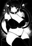  1girl animal_ears blunt_bangs bra braid breasts cat_ears cat_girl cat_tail cleavage closed_mouth commentary_request curvy extra_ears frilled_bra frills greyscale groin haseru_(ginku_mh) heart huge_breasts kaenbyou_rin looking_at_viewer medium_hair monochrome multiple_tails navel nekomata panties pointy_ears side_braids sidelocks sitting smile solo tail thighhighs touhou twin_braids two_tails underwear 