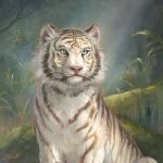  animal animal_focus artist_name blunell_(artist) commentary english_commentary grass looking_at_viewer no_humans original outdoors signature solo tiger upper_body watermark white_tiger 