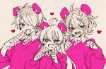  1girl 2boys absurdres ahoge animal_ears blue_eyes blush fake_animal_ears green_eyes heart heterochromia highres imai_misa long_hair long_sleeves looking_at_viewer mouse_ears multiple_boys naruse_haru nie3nie3 open_mouth pink_eyes pink_sweater sharp_teeth short_hair smile sweater teeth toraware_no_yakata tsukishima_jin 