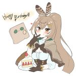  1girl ahoge brown_capelet brown_cloak brown_corset brown_eyes brown_hair cake cake_slice cape capelet cleavage_cutout cloak clothing_cutout corset crossed_bangs english_text feathers finger_in_own_mouth food food_on_face friend_(nanashi_mumei) gloves hair_ornament hairclip happy_birthday heart highres hololive hololive_english looking_at_viewer multicolored_hair nanashi_mumei nanashi_mumei_(1st_costume) ribbon runes shirt snowmya streaked_hair virtual_youtuber white_shirt 