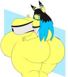  2022 anthro big_breasts big_butt black_hair blue_eyes blue_hair bottomless bottomless_anthro bottomless_female breasts butt cleavage clothed clothing dewwydarts dipstick_ears ear_piercing female fur generation_1_pokemon hair hi_res huge_belly huge_butt huge_thighs long_hair looking_at_viewer looking_back looking_back_at_viewer multicolored_ears multicolored_hair nintendo obese obese_anthro obese_female overweight overweight_anthro overweight_female piercing pikachu pokemon pokemon_(species) simple_background solo thick_thighs topwear two_tone_hair white_clothing white_topwear wide_hips yellow_body yellow_fur 