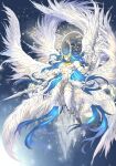  1boy abs angel blue_hair dual_wielding full_body granblue_fantasy helmet highres holding holding_polearm holding_weapon horns leg_wings light_particles long_hair low_wings male_focus merry_(secilhodoshima) metatron_(granblue_fantasy) multiple_wings pectorals polearm solo very_long_hair weapon white_horns white_wings wings 