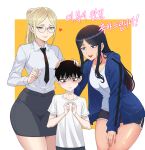  1boy 2girls age_difference black_hair black_necktie black_shorts blonde_hair blue_jacket blush brown_eyes carmen_(the_boxer) commentary_request copyright_request glasses grey_skirt headpat heart highres hwa_na_jung jacket korean_commentary korean_text long_sleeves multiple_girls necktie onee-shota ponytail shirt shorts skirt standing t-shirt the_boxer white_shirt 