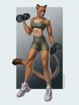  3:4 absurd_res anthro artist_name athletic athletic_anthro athletic_female bottomwear breath brown_body brown_fur clothed clothing exercise eyelashes felid female footwear front_view fur glistening glistening_eyes green_bottomwear green_clothing green_eyes green_topwear hi_res lion mammal marie_merkh open_mouth pantherine shoes solo tan_body tan_fur topwear weightlifting white_clothing white_footwear white_shoes workout 