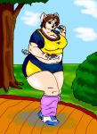  anthro belly bottomwear breasts brown_hair clothing cloud cookie danellz domestic_pig eating exercise_clothing female food footwear grass hair mammal open_mouth overweight overweight_anthro overweight_female pathway plant plate shoes shorts shrub sky sneakers solo suid suina sus_(pig) topwear tree 