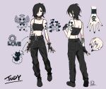  1girl arm_tattoo back belt belt_buckle black_eyes black_hair black_nails bracelet breasts buckle cargo_pants character_name collar english_text fingerless_gloves full_body gloves grey_background hair_over_one_eye hand_tattoo heart highres jewelry judy_(sushi_pizza_rrr) looking_at_viewer midriff multiple_views navel necklace original pants reference_sheet short_hair simple_background small_breasts smile spiked_bracelet spikes standing sushi_pizza_rrr tattoo 