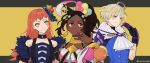  3girls ascot beads black_choker blonde_hair blue_eyes brown_hair choker dark-skinned_female dark_skin earrings facial_mark fire_emblem fire_emblem_engage fur_trim gloves gold_trim hahm0106 hair_beads hair_ornament highres jewelry long_hair makeup merrin_(fire_emblem) multiple_girls orange_hair panette_(fire_emblem) ponytail red_eyes short_hair timerra_(fire_emblem) white_ascot yellow_eyes 