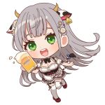  1girl :d alcohol animal_ears apron beer beer_mug black_skirt blue_bow blush bow breasts chibi cleavage commentary_request cow_ears cow_girl cow_horns cow_tail cup detached_sleeves dirndl ear_tag eyebrows_hidden_by_hair flower frilled_apron frilled_skirt frills german_clothes green_eyes grey_hair hair_flower hair_ornament highres holding holding_cup hololive horns kurono_kito large_breasts long_hair mug official_alternate_costume open_mouth puffy_short_sleeves puffy_sleeves red_footwear shirogane_noel shirogane_noel_(4th_costume) shirt shoes short_sleeves simple_background skirt smile solo standing standing_on_one_leg striped striped_bow tail teeth thighhighs upper_teeth_only very_long_hair virtual_youtuber waist_apron white_apron white_background white_flower white_shirt white_sleeves white_thighhighs 