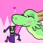  &lt;3 affectionate arlokk arlokk_the_atrocious beauty_mark blush bodily_fluids bone clothed clothing dragon duo eyelashes female feral green_body green_scales horn humanoid licking lipstick love makeup male male/female saliva scales she-dragon skeleton snout tongue tongue_out warioanon 