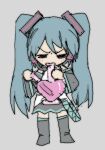  1girl aqua_hair blush bong boots chibi detached_sleeves drugs full_body grey_background grey_shirt hatsune_miku heart long_hair pantsu-ripper shirt smoking solo thigh_boots twintails v-shaped_eyebrows very_long_hair vocaloid 