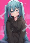  1girl amai_melo black_hoodie blue_eyes blue_hair blue_pants blush commentary fanny_pack hatsune_miku highres hood hoodie long_hair looking_at_viewer number_hair_ornament pants solo twintails vocaloid 