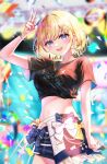  1girl :d black_shirt blonde_hair blue_eyes bracelet confetti hair_ornament half-skirt highres hololive hololive_english idol jewelry looking_at_viewer midriff monocle_hair_ornament navel open_mouth shirt short_hair shorts smile solo sowon sweat tied_shirt v virtual_youtuber watson_amelia 
