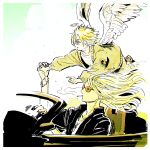  2boys angel_wings black_jacket blonde_hair bracelet car cigarette cloud daybit_sem_void driving fate/grand_order fate_(series) feathered_wings floating_hair flying halo jacket jewelry long_hair looking_to_the_side male_focus motor_vehicle multiple_boys nobicco open_clothes open_jacket orange-tinted_eyewear shirt short_hair simple_background smoke smoking sunglasses tezcatlipoca_(fate) tinted_eyewear upper_body white_shirt wings 