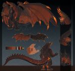 2023 anthro black_background black_body black_border blackchaos666 border capcom digitigrade dragon hi_res horn jaw male membrane_(anatomy) membranous_wings model_sheet monster_hunter plated_scales rear_view red_body scales simple_background snout solo spines watermark wings 