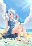  1girl absurdres animal_ear_fluff animal_ears arm_support bare_legs beach blue_eyes blue_nails blue_skirt blue_sky blunt_bangs blurry blurry_foreground cat_ears cloud cloudy_sky commentary day english_commentary feet fins fish_tail fpvjoe frilled_sleeves frills full_body gawr_gura hair_ornament highres holding hololive hololive_english knees_up leaning_back legs looking_at_viewer medium_hair multicolored_hair nail_polish official_alternate_costume open_mouth outdoors sandals seashell shark_girl shark_tail sharp_teeth shell short_sleeves side_ponytail sidelocks signature skirt sky solo starfish streaked_hair tail teeth thighs toenail_polish toenails toes virtual_youtuber wet 