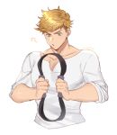  1boy :o belt black_belt blonde_hair blush granblue_fantasy green_eyes higashigunkan holding light male_focus pectorals ring-con ring_fit_adventure shirt short_hair sleeves_rolled_up solo toned toned_male upper_body v-neck vane_(granblue_fantasy) white_background white_shirt 