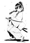  1girl closed_mouth comiket_93 cosplay full_body greyscale hamao highres idolmaster idolmaster_cinderella_girls japanese_clothes katana kimono kobayakawa_sae looking_at_viewer monochrome petals ponytail samurai sandals sheath smile solo sword weapon 