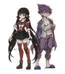  1boy 1girl black_sailor_collar black_skirt bow bowtie brown_footwear brown_hair button_eyes criis-chan crossed_arms crossover danganronpa_(series) danganronpa_v3:_killing_harmony facial_hair goatee grey_shirt hair_between_eyes hair_ornament hair_scrunchie harukawa_maki holding holding_knife identity_v knife long_hair long_sleeves low_twintails momota_kaito open_clothes open_shirt pants pink_hair pink_pants plaid plaid_skirt print_shirt red_scrunchie red_shirt red_thighhighs sailor_collar scar scrunchie shirt shoes simple_background skirt smile spiked_hair teeth thighhighs torn_clothes torn_shirt twintails white_background white_bow white_bowtie zettai_ryouiki 