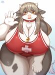  2023 5_fingers anthro big_breasts biped bovid bovine breasts brown_hair brown_pupils cattle chest_tuft choker cleavage clothed clothing colored cross curvy_figure digital_media_(artwork) female female_anthro fingers front_view fully_clothed fur gesture glistening glistening_body glistening_breasts glistening_eyes glistening_fur glistening_hair grey_body grey_ears grey_fur grey_inner_ear hair hi_res horn huge_breasts huge_hips humanoid_hands jewelry kemono leaning leaning_forward lifeguard long_hair looking_at_viewer mammal monotone_ears monotone_hair monotone_tail multicolored_body multicolored_fur necklace one-piece_swimsuit open_mouth open_smile portrait pupils red_clothing red_one-piece_swimsuit red_swimwear shaded shibaemonxsk signature simple_background slightly_chubby small_horn smile solo standing swimwear tail tail_tuft thick_thighs three-quarter_portrait tuft two_tone_body two_tone_fur voluptuous waving waving_at_viewer whistle whistle_(object) white_background white_body white_fur white_horn white_tail wide_hips yellow_eyes 