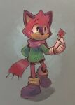  1boy animal_ears animal_nose black_footwear blush closed_mouth commentary cooki_bob english_commentary full_body furry furry_male gloves green_eyes green_jacket highres holding holding_leaf jacket leaf long_sleeves male_focus protagonist_(the_murder_of_sonic_the_hedgehog) red_scarf scarf shoes smile solo sonic_(series) standing the_murder_of_sonic_the_hedgehog walking white_gloves 