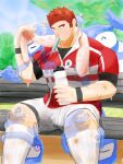  1boy bara bench day facial_hair feet_out_of_frame goatee highres konpei_daidai large_pectorals leggings_under_shorts long_sideburns looking_to_the_side male_focus muscular muscular_male notice_lines pectorals raised_eyebrow rugby_uniform scar scar_on_cheek scar_on_face short_hair shorts sideburns sitting solo spirit sportswear spread_legs stubble sweat tamamura_gunzo thick_eyebrows tokyo_afterschool_summoners towel towel_around_neck white_shorts 