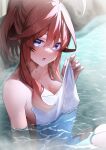  1girl absurdres ahoge blue_eyes blush breasts collarbone go-toubun_no_hanayome hair_between_eyes highres large_breasts long_hair looking_at_viewer nakano_itsuki naked_towel onsen open_mouth ponytail red_hair slope_(check238) solo steam towel 