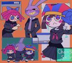  1boy 2girls animal_ears asymmetrical_gloves black_eyes black_sailor_collar black_serafuku black_shirt black_skirt blue_eyes blue_gloves blue_headwear blush_stickers brown_hair button_eyes colored_sclera gloves hat hat_bell highres jax_(the_amazing_digital_circus) jester_cap mismatched_gloves multicolored_clothes multicolored_headwear multiple_girls neckerchief otya_0035 pleated_skirt pomni_(the_amazing_digital_circus) rabbit_boy rabbit_ears ragatha_(the_amazing_digital_circus) red_eyes red_gloves red_hair red_headwear red_neckerchief sailor_collar school_uniform serafuku shirt short_hair skirt striped striped_headwear the_amazing_digital_circus two-tone_eyes vertical-striped_headwear vertical_stripes yellow_sclera yellow_teeth 