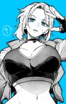  1girl ? absurdres blue_background blue_eyes breasts cammy_white choker cleavage commentary_request fingerless_gloves gloves greyscale greyscale_with_colored_background highres large_breasts looking_at_viewer monochrome navel scar scar_on_cheek scar_on_face short_hair simple_background spoken_question_mark stomach street_fighter street_fighter_6 teeth upper_teeth_only yotsumi_shiro 