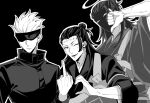  3boys absurdres anaki angry arm_up blindfold closed_mouth covered_eyes ear_piercing frown getou_suguru getou_suguru_(kenjaku) gojou_satoru greyscale hair_bun hair_pulled_back halo hand_up heart_hands_failure highres jacket japanese_clothes jujutsu_kaisen kimono long_hair looking_at_viewer male_focus middle_finger monochrome multiple_boys one_eye_closed piercing short_hair simple_background stitches upper_body veins veiny_arms wide_sleeves 