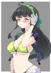  1girl ahoge bikini black_hair black_jacket blunt_bangs blush border breasts bright_pupils choker cleavage cowboy_shot gloves green_bikini green_hairband grey_background grey_gloves hairband highres jacket large_breasts long_hair looking_at_viewer navel open_clothes open_fly open_jacket outside_border pants parted_lips short_sleeves simple_background solo stomach sweat swimsuit touhoku_zunko very_long_hair voiceroid white_border white_choker white_pants zooanime 