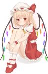  1girl absurdres bare_legs blonde_hair blush crystal dress flandre_scarlet gaden19 hat highres hugging_own_legs knees_up looking_at_viewer mob_cap one_side_up puffy_short_sleeves puffy_sleeves red_eyes red_vest shirt short_sleeves simple_background sitting solo touhou vest white_background white_shirt wings wrist_cuffs 
