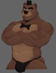  2023 anthro barazoku bear biceps black_clothing black_thong black_underwear blue_eyes bow_tie brown_body brown_fur bulge butt clothed clothing countershading crossed_arms five_nights_at_freddy&#039;s freddy_(fnaf) frown fur half-length_portrait hat headgear headwear hi_res looking_at_viewer male mammal mr_sharky muscular muscular_male narrowed_eyes portrait scottgames simple_background solo thong top_hat topless underwear 