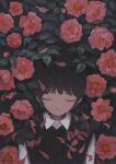  1girl amamanoban black_hair black_vest closed_eyes closed_mouth collared_shirt commentary_request expressionless facing_viewer flower highres leaf long_sleeves original petals pink_flower shirt short_hair solo too_many_flowers upper_body vest white_shirt 