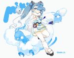  1girl altaria blush castform castform_(normal) character_name commentary_request crossover double_bun evolutionary_line eyelashes gloves hair_bun hair_over_one_eye hair_ribbon hatsune_miku long_hair loose_socks one_eye_closed platform_footwear pokemon pokemon_(creature) project_voltage ribbon see-through see-through_shorts see-through_sleeves socks swablu tooruruuu twintails vest vocaloid white_background 