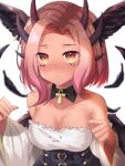  1girl aged_down ankh bare_shoulders black_collar black_corset black_wings blurry blurry_background blush breasts collar collarbone corset detached_collar dress egyptian facial_mark feathers head_wings heart heart_facial_mark highres horns indie_virtual_youtuber narunin orange_eyes pink_hair short_hair tan trickywi upper_body virtual_youtuber white_dress wings 