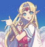  1girl bishoujo_senshi_sailor_moon blonde_hair bracelet dress forehead_jewel highres jewelry long_hair looking_at_viewer miri_(cherryjelly) open_mouth parted_bangs pink_dress pointy_ears princess_zelda purple_eyes shoulder_guard solo super_smash_bros. the_legend_of_zelda tiara tsuki_ni_kawatte_oshioki_yo very_long_hair w 