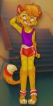  anthro blush bottomwear bulge chas_the_cheetah cheek_tuft cheetah claytonh clothed clothing facial_tuft felid feline felis fluffy fluffy_ears fluffy_tail fur fur_markings gym_bottomwear gym_clothing gym_shorts hair hi_res hotpants looking_away looking_up male mammal markings nervous_expression nervous_smile orange_body orange_fur pantherine pink_nose purple_clothing purple_shirt purple_topwear red_body red_bottomwear red_clothing red_fur red_shorts shirt short_hair shorts skinny_male small_waist solo sportswear spots sweatband tail tank_top topwear track_and_field tuft yellow_body yellow_fur 