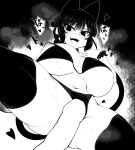  1boy 1girl animal_ears blunt_bangs blush bra braid breasts cat_ears cat_girl cat_tail cleavage commentary curvy extra_ears fang greyscale groin haseru_(ginku_mh) heart huge_breasts kaenbyou_rin looking_at_viewer medium_hair monochrome multiple_tails navel nekomata one_breast_out open_mouth panties penis pointy_ears side_braid sidelocks skin_fang solo_focus symbol-only_commentary tail thighhighs tongue tongue_out touhou two_tails underwear 