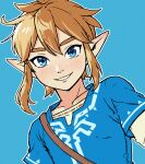  2023 absurd_res beachepisode blonde_hair breath_of_the_wild clothing elf hair hi_res humanoid humanoid_pointy_ears hylian light_body light_skin link looking_at_viewer male nintendo not_furry shirt simple_background smile solo the_legend_of_zelda topwear 