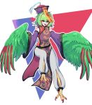  1girl absurdres bare_shoulders bird_legs clothing_request commentary_request detached_sleeves feathered_wings feathers green_feathers green_hair green_wings harpy highres jiangshi monster_girl multicolored_hair open_mouth original red_eyes red_hair solo stitched_face stitches talons togenomaru tongue tongue_out two-tone_hair wide_sleeves winged_arms wings 