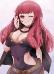  1girl :p belt black_cape bodysuit breasts cape choker cleavage clothing_cutout facial_mark fire_emblem fire_emblem_engage florentia_menma hair_ornament highres long_hair red_eyes red_hair side_cutout simple_background smile solo star_(symbol) star_facial_mark star_hair_ornament tongue tongue_out yunaka_(fire_emblem) 